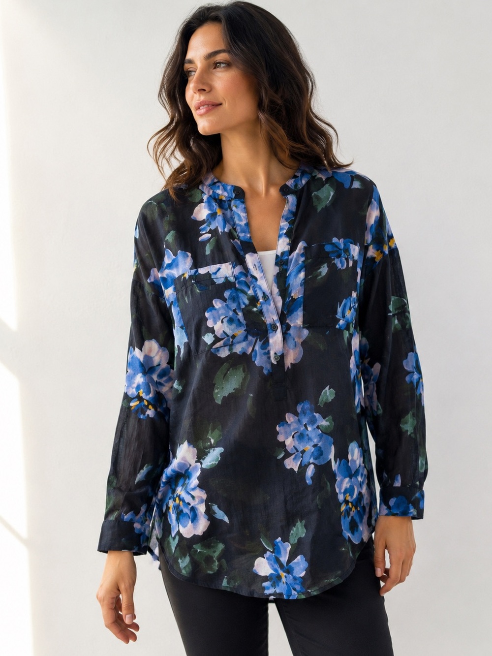 Blue Floral Cotton Tunic Top XL Semi Sheer Boho Cottagecore